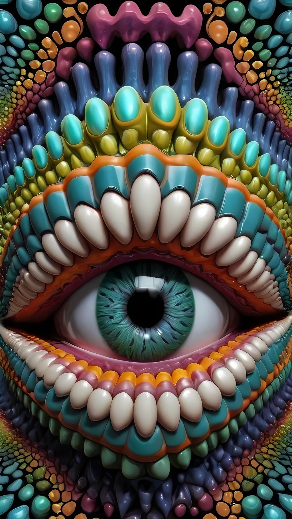 Prompt: Create an extremely hyper-realistic, ultra super textural, weird, trippy, surreal, psychedelic eyes/teeth/mouth pattern/design based on Mandelbrot & “Op Art tiling” with lots of human eyes (crazy colorful compound psychedelic), rows of human teeth, human lips, and tongues. 

- **Colors**: determined by the properties and expressions of the elements (& their isotopes), minerals, and metals: Tourmaline, Rhenium (Re)

**Shapes and forms**
- Mandelbrot 
- "Op Art tiling" 
-other shapes determined by the natural properties and expressions of the elements (& their isotopes), minerals, metals, and biological organisms: tourmaline,  Rhenium (Re),


- **Textures**: Derived from any/all elements (& their isotopes), minerals, metals, crystals, organic things mentioned in this prompt: tourmaline, Rhenium (Re)

**Composition and Layout**:
- a pattern/design based on the Op Art tiling & Mandelbrot 

**Lighting**:
- lots of bright light
- Phosphorescence

**Detail and Atmosphere**:
- Extreme hyperrealistic sharp high detail high definition organic and mineral textures
- Psychedelic, weird, odd, surreal atmosphere
- Frozen in time

**Additional Elements**:
- extra rows of teeth, lips, many eyes, Op Art tiling, Mandelbrot 
