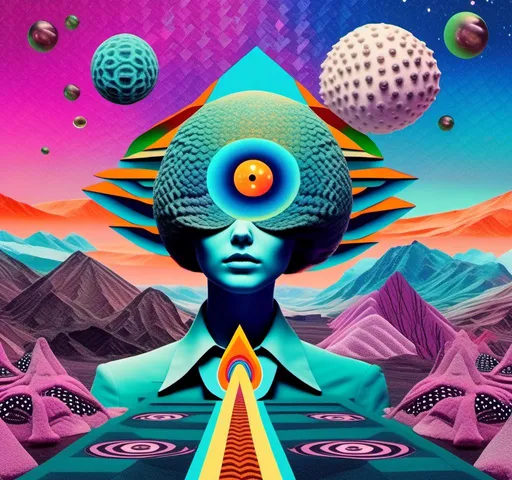 Prompt: a psychedelic collage with a feel of a vintage surreal art house 70s scifi animation combined with a psychedelic collage created out of spliced photographs, art, magazine pages, etc other photos of things like alien landscapes,, eyes, geometric shaped cutouts of trippy patterns, optical illusions, mushrooms, crystals, planets and stars, buildings, roads, cars, animals, aliens, UFOs,, insects, lots of eyes<mymodel>