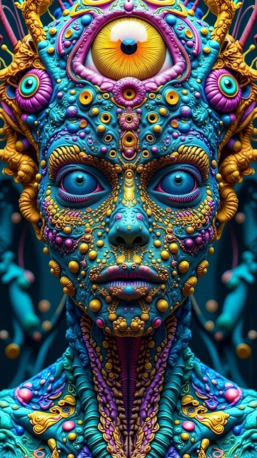 Prompt: An extremely super hyper detailed hyperrealistic weird surreal trippy psychedelic entity manifests, adorned with a multitude of psychedelic compound human eyes, arranged meticulously in a Fibonacci Spiral tiling pattern. These eyes, vibrant and entrancing, create a mesmerizing visual symphony. Rows upon rows of psychedelic teeth form a fractal-like pattern akin to the Mandelbrot Set, spiraling endlessly.

The entity's skin is a shimmering tapestry of iridescent Ammolite, displaying a spectrum of colors that shift with every movement. Interspersed are cubic Fluorite crystals in pale yellow, contrasting vividly with the backdrop. Swirling through its form are veins of Charoite, vivid purple strands weaving cosmic energy throughout its being.

On a microscopic level, Quantum Foam bubbles and fluctuates, giving the entity an ethereal, ever-changing appearance. Vibrating Quantum Strings hint at the fundamental nature of its existence, while Quantum Entanglement weaves an invisible web, linking its myriad parts in a dance of interconnectedness.

The background is a surreal landscape inspired by the Voronoi Tiling pattern, resembling an infinite cellular structure. The ground is a mosaic of royal blue Sodalite, with veins of white calcite creating a natural yet otherworldly pattern. Above, a sky of swirling Quantum Wave Functions paints a picture of potential realities, each wave a probability, each crest a possibility.

This entity embodies the fusion of mathematical precision and quantum chaos, a creation born from the abstract merging of natural, microscopic elements, minerals, and quantum phenomena, existing in a realm where reality and imagination blur into one.