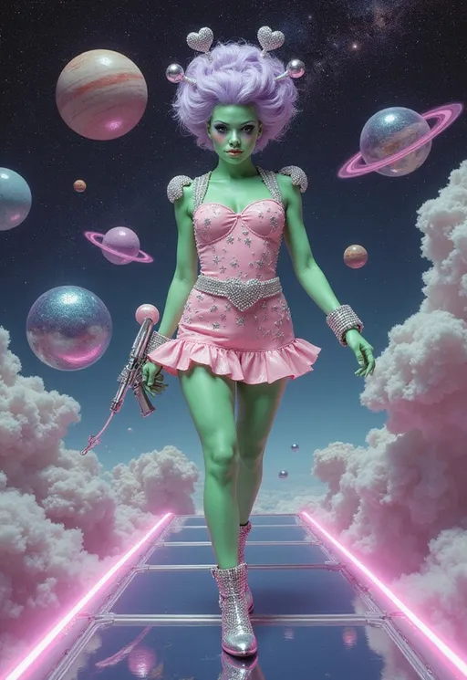 Prompt: A hyperrealistic alien beauty with large solid black almond shaped eyes queen struts confidently down a floating glass runway suspended in a candy-colored nebula. Her skin is mint green, smooth and subtly iridescent, and her bouffant hair explodes in sculpted cotton candy curls—pink at the base, flaring into lavender tips, topped with glittery heart-shaped antennae. Her face is immaculate, with shimmering blush, oversized holographic lashes, and glossy bubblegum lips that reflect like patent leather.

Her body-hugging retro vinyl minidress is covered in metallic appliqués of hearts, moons, stars, and little glittering planets, all meticulously embedded into the folds like vintage costume jewelry. Rhinestones crust her neckline, wrists, even the seams of her chrome go-go boots. A sparkling belt buckle shaped like Saturn cinches her waist, and her shoulderpads flare like sparkling wings made of mirrored prisms. Her raygun, holstered in a rhinestone hip strap, has a heart-shaped barrel that shoots holographic sparkles.

Surrounding her: floating op-art panels in black and white, rotating slowly like hypnotic candy swirls. In the background, hovering bubble chairs, sparkly disco asteroids, and kitschy UFOs shaped like tiaras. The whole image glows with vintage soft focus grain, like a forgotten pin-up photoshoot from the Venus edition of 1965’s Galactic Bachelorette Monthly.

Color palette: bubblegum pink, holographic silver, lemon-lime, teal chrome, soft violet.
Finish: soft analog grain with brilliant, candy-slick highlights.
