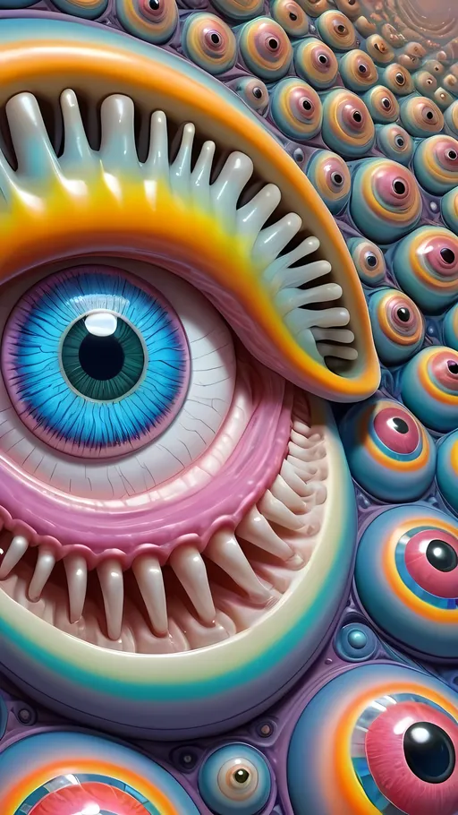 Prompt: an extremely hyper realistic ultra super textural weird trippy surreal psychedelic entity, gyroid structures, Phyllotactic Spirals, white, translucent, clear, bright bright pastel colors, oil slick rainbow sheen effect, lots and lots of light, lots of crazy colorful compound psychedelic human eyes, rows of human teeth, fungus, atoms, diatoms, gyroid structures, Phyllotactic Spirals