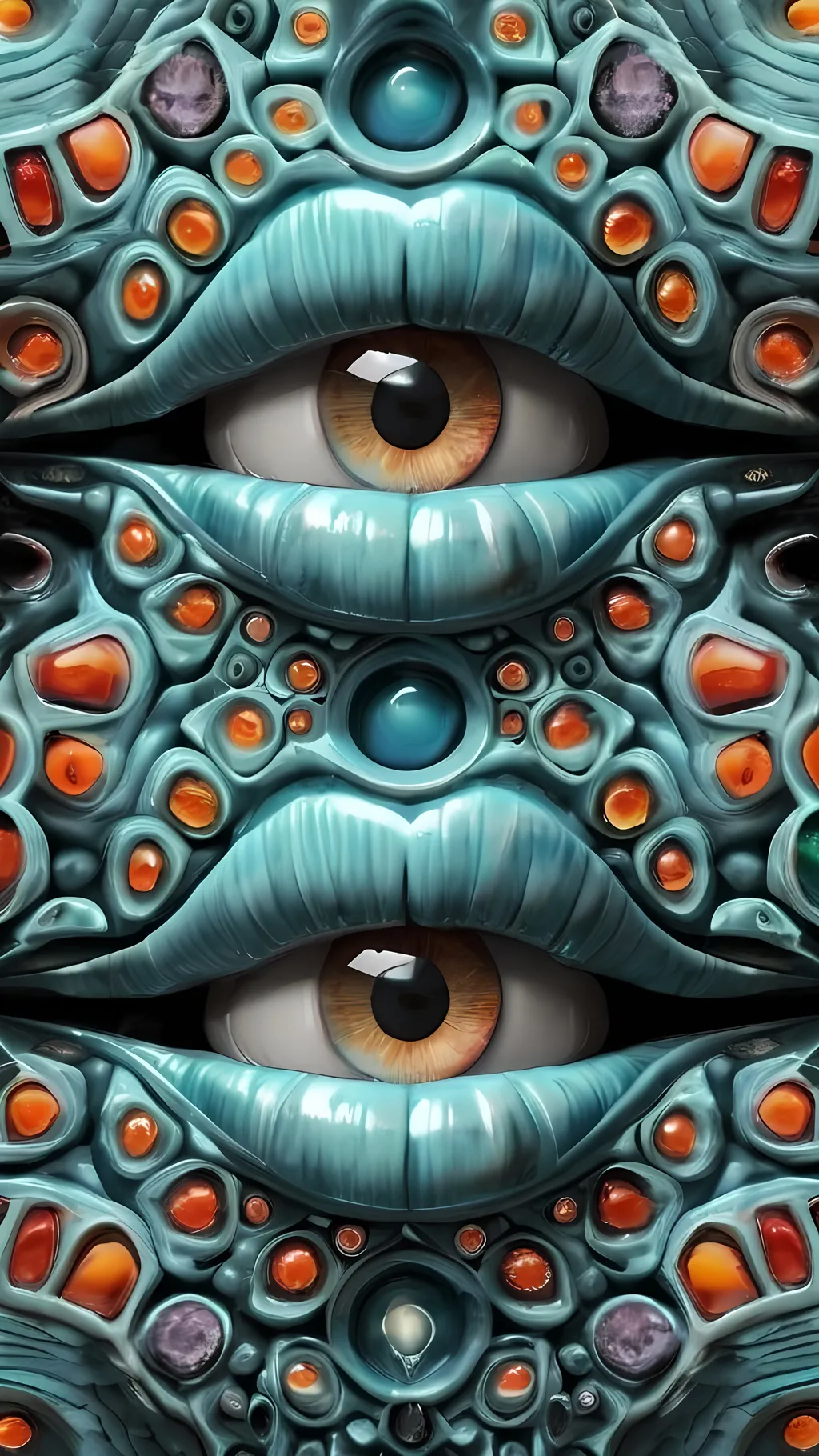 Prompt: an extremely hyper-realistic, ultra-textural, weird, trippy, surreal, psychedelic pattern/design featuring eyes, teeth, mouths, and tongues. The design should be based on the “labyrinth fractal” & “op art tiling” concepts, with an abundance of human eyes (crazy colorful compound psychedelic), rows of human teeth, human lips, and tongues.

- **Colors**: Inspired by the natural properties and expressions of the following elements, minerals, and metals. Ensure to capture their full spectrum of colors, including any variations due to isotopes and impurities:
  - Dioptase
  - Mangano Calcite
  - Scapolite
  - Larimar

- **Shapes and Forms**: 
  - Main form: “labyrinth fractal”
  - Additional shapes determined by the natural properties and expressions of the following elements, minerals, metals, and biological organisms. Be thorough in capturing their crystal structures, atomic arrangements, and natural formations:
    - Dioptase
    - Mangano Calcite
    - Scapolite
    - Larimar

- **Textures**: Derived from the intrinsic characteristics of the following elements, minerals, metals, crystals, and organic materials. Thoroughly express their raw, rough, and detailed textures, including crystal structures, surface finishes, and any unique textural properties:
  - Dioptase
  - Mangano Calcite
  - Scapolite
  - Larimar

- **Composition and Layout**:
  - A pattern/design inspired by “labyrinth fractal”

- **Lighting**:
  - Intense, bright, reflective light
  - Opalescence

- **Detail and Atmosphere**:
  - Extreme hyperrealistic, sharp, high-definition textures of both organic and mineral origins. Be meticulous in detailing the textures and forms, capturing the essence of each material's crystal structure and surface characteristics.
  - Psychedelic, weird, odd, surreal atmosphere
  - Frozen in time

- **Additional Elements**:
  - Extra rows of teeth, lips, numerous eyes, and “labyrinth fractal”
