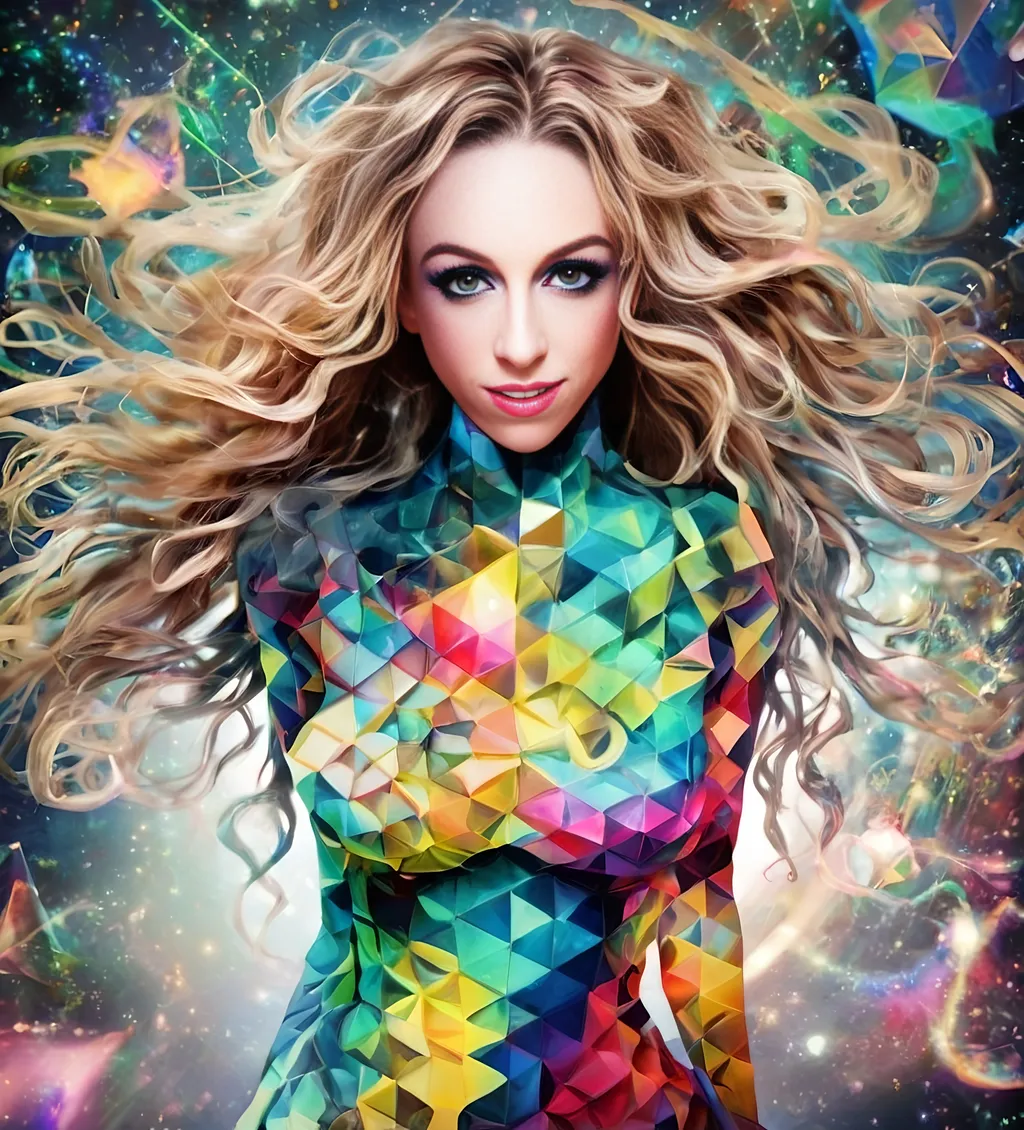 Prompt: a psychedelic hallucination of a female with long blond curly hair modeling avant Garde fashions accessories and makeup created directly out of multidimensional geometry fractals, hypercubes, non Euclidean geometry, psychedelic fashion halucinations 