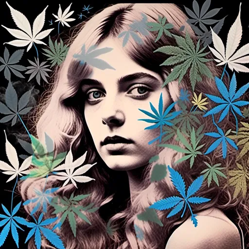 Prompt: <mymodel>Mixed media collage of a girl with long blond curly hair and blue eyes, black and white photograph, cannabis leaves, mushrooms, smoke and fractals in the background, hand-colored, high contrast, psychedelic, detailed facial features, vintage style, atmospheric lighting