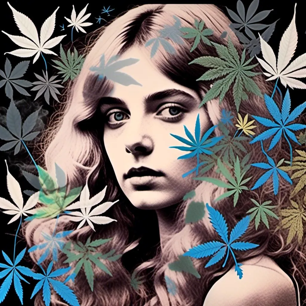 Prompt: <mymodel>Mixed media collage of a girl with long blond curly hair and blue eyes, black and white photograph, cannabis leaves, mushrooms, smoke and fractals in the background, hand-colored, high contrast, psychedelic, detailed facial features, vintage style, atmospheric lighting