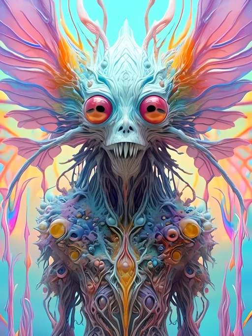 Prompt: <mymodel> an extremely hyper realistic super textural psychedelic entity/creature, trippy, weird, surreal, fractals, multidimensional geometric shapes, eyes, human teeth, lots of light, bright pastel colors, luminous, glowing, extremely textural, white, translucent, , silver, pastel rainbow oil slick sheen effect, moth antennae, melty drippy, extreme organic and metallic textures