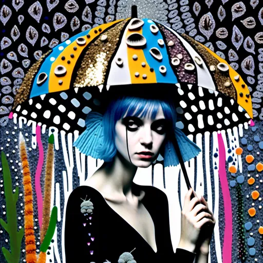 Prompt: <mymodel>Mixed media collage of a fungus fairy girl in the rain, mushroom umbrella, black and white and color photography, paint, glitter, sequins, metal, magazines, glass, unique textures, ethereal atmosphere, high quality, whimsical, surreal, fairy, mushroom umbrella, mixed media, collage, fungus girl, rain, unique textures, ethereal, surreal, magical, detailed wings, sparkling details