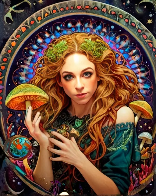 Prompt: 4k, ultra-detailed, psychedelic, trippy, bright colors, vivid, black light poster, girl with longish blond curly hair, psychedelic magic mushrooms, trippy hallucinations, optical illusions, patterns, crystals, moss, forest, moon, geometry fractals, vibrant colors, detailed hair, surreal, vibrant lighting