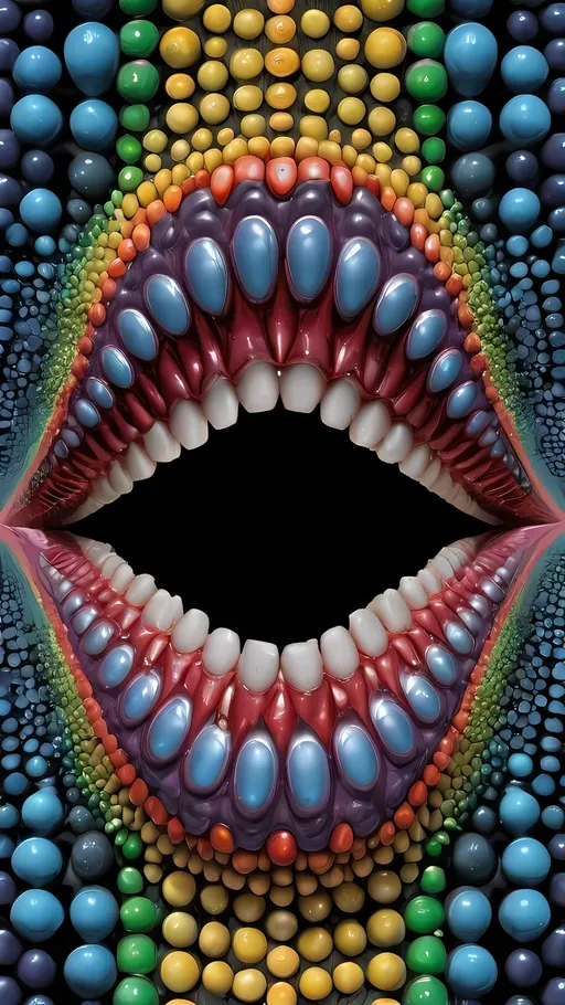 Prompt: Create an extremely hyper-realistic, ultra super textural, weird, trippy, surreal, psychedelic eyes/teeth/mouth pattern/design based on Mandelbrot & “Op Art tiling” with lots of human eyes (crazy colorful compound psychedelic), rows of human teeth, human lips, and tongues. 

- **Colors**: determined by the properties and expressions of the elements (& their isotopes), minerals, and metals: Tourmaline, Rhenium (Re)

**Shapes and forms**
- Mandelbrot 
- "Op Art tiling" 
-other shapes determined by the natural properties and expressions of the elements (& their isotopes), minerals, metals, and biological organisms: tourmaline,  Rhenium (Re),


- **Textures**: Derived from any/all elements (& their isotopes), minerals, metals, crystals, organic things mentioned in this prompt: tourmaline, Rhenium (Re)

**Composition and Layout**:
- a pattern/design based on the Op Art tiling & Mandelbrot 

**Lighting**:
- lots of bright light
- Phosphorescence

**Detail and Atmosphere**:
- Extreme hyperrealistic sharp high detail high definition organic and mineral textures
- Psychedelic, weird, odd, surreal atmosphere
- Frozen in time

**Additional Elements**:
- extra rows of teeth, lips, many eyes, Op Art tiling, Mandelbrot 
