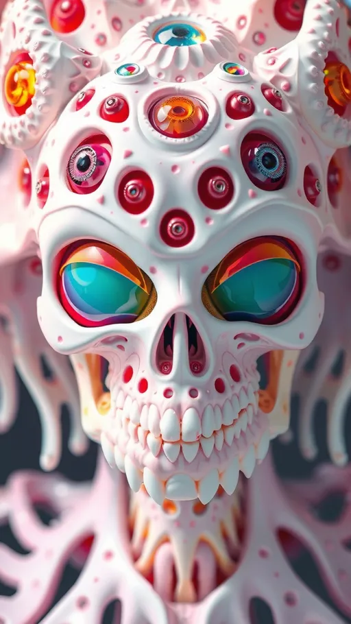 Prompt: an extremely hyper realistic ultra super textural weird trippy surreal psychedelic entity, vicsek fractals, white, translucent, clear, bright bright pastel colors, oil slick rainbow sheen effect, lots and lots of light, lots of crazy colorful compound psychedelic human eyes, rows of human teeth, fungus, atoms, diatoms, vicsek fractal