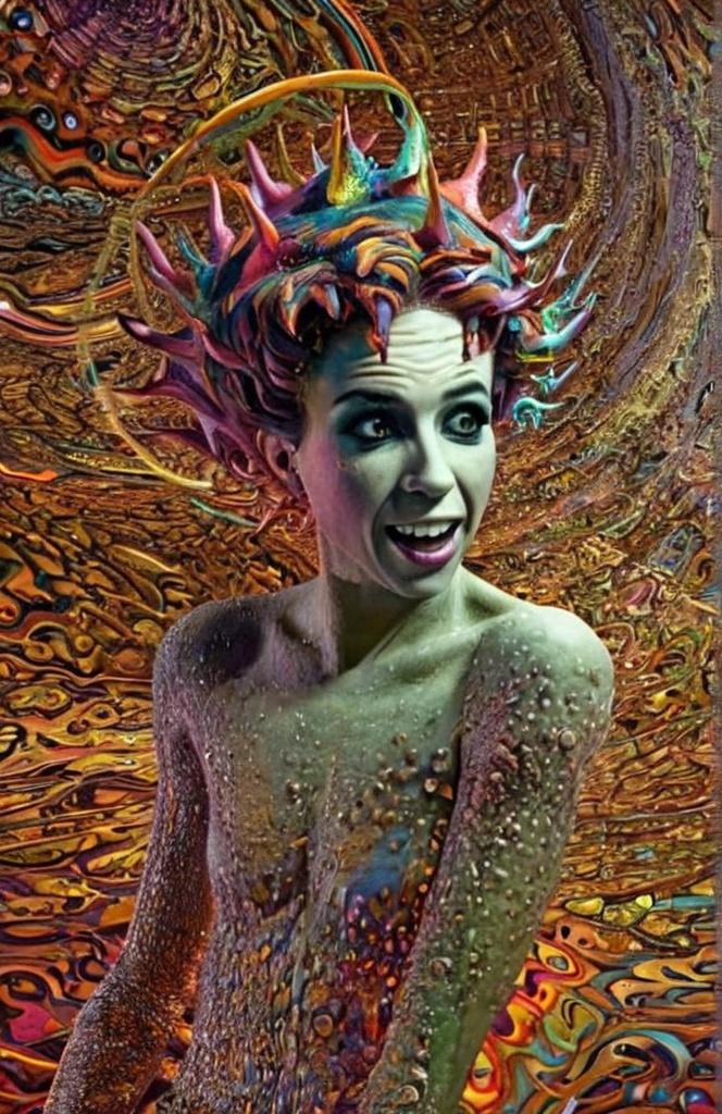 Prompt: Extreme psychedelic hyperrealism- Super high definition ultra textural Weird surreal depiction of ego death, melting into fractals, multidimensional geometric shapes, surrealism, detailed, highres, intense colors, eerie lighting, bizarre features, unsettling atmosphere, otherworldly, distorted proportions, mind-bending, dreamlike, abstract,, trippy psychedelic ultra detailed textures