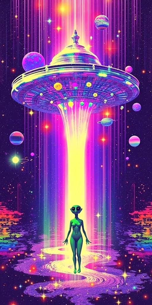 Prompt: Create a vibrant and surreal scene in the style of pop Art Nouveau, characterized by intricate and ornate details. The centerpiece is a silvery metallic UFO with a holographic sheen, hovering majestically in the cosmic expanse. It's adorned with an array of glowing, multicolored lights that pulse rhythmically. From its base, a luminous beam of light cascades downward, illuminating the scene below.

In the center of this beam stands a female alien, her skin a vivid shade of green. She has a distinctive large conical head and striking solid black almond-shaped eyes that exude an aura of mystery and wisdom. Her features are rendered in an extremely hyperrealistic yet illustrative manner, blending artistic elegance with lifelike precision.

The background is a kaleidoscope of psychedelic patterns, swirling with vivid colors and intricate designs. The sky is dotted with distant planets, twinkling stars, and celestial phenomena, creating an otherworldly tapestry. The design is busy, filled with tiny, intricate details that invite the viewer to explore every corner of the artwork.

Incorporate various glitch effects to add a modern, digital twist to the scene. Use types like pixel sorting, datamoshing, RGB shift, glitch art overlays, and circuit bending. These glitches should weave seamlessly into the Art Nouveau style, enhancing the overall complexity and depth of the piece. The result is a mesmerizing fusion of classic elegance and contemporary digital chaos, captivating and immersive.