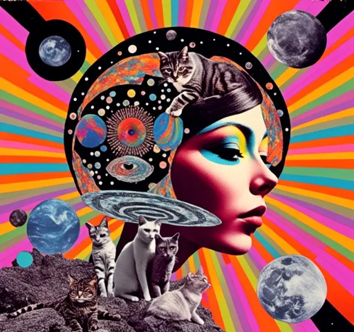 Prompt: <mymodel>Psychedelic collage of a woman, spliced and edited with psychedelic planets, cats, and UFOs, a psychedelic open third eye, incorporating paint, enamel, and found objects, black and white optical illusions, high quality, surreal, vibrant colors, trippy, psychedelic, detailed collage, cosmic theme, colorful lighting surreal collage