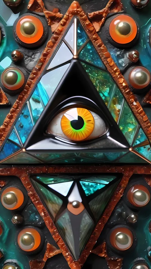 Prompt: an extremely hyper realistic ultra super textural weird trippy surreal psychedelic entity, Sierpinski tetrahedron, translucent, charcoal matte black, blown glass, iridescent finish, inlaid opal, glittering crystal accents, copper, patina, pyrite, quartz,, chrome, bright vivid greens, teals, oranges,  lots and lots of light, lots of crazy colorful compound psychedelic human eyes, rows of human teeth, human lips, tongues, fungus,  atoms, diatoms, diatomic, algae, bryozoans, Sierpinski tetrahedron, extreme high definition organic and mineral textures