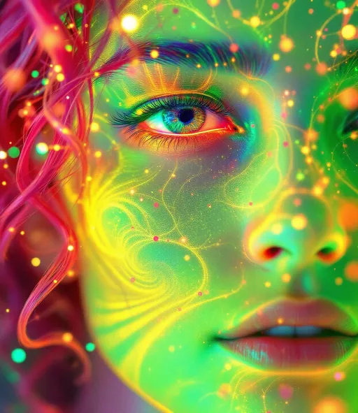 Prompt: Her face is a modular masterpiece—cheekbones traced with the shimmer of moonshine symmetry, every angle tuned to a hidden harmonic. Newton fractal veins glow faintly beneath translucent skin, shifting in color with each emotion. Her eyes burn with prime number fire, irises tiled in Penrose symmetry, blinking with curved light logic. Laughter echoes in Hilbert paths across her cheeks—space-filling joy spirals, soft and bright. Hair spills around her in radiant pink curls, styled by quasiperiodic forces and recursive wave equations—each strand flowing in luminous fractal tension. Geometry pulses at the hairline, recursive symbols glinting in neon mathdust. She is wrapped in hyperbolic aura-rings, layered in color-feedback like living topology, her presence refracting sacred math through joy, emotion, and colorfields.”

⸻

Visual Keywords:
Modular face symmetry, Newton glow skin, Penrose-tiled irises, Hilbert smile trails, pink recursive curls, fractal symbol halo, hyperbolic color aura, neon mathdust, prime fire eyes