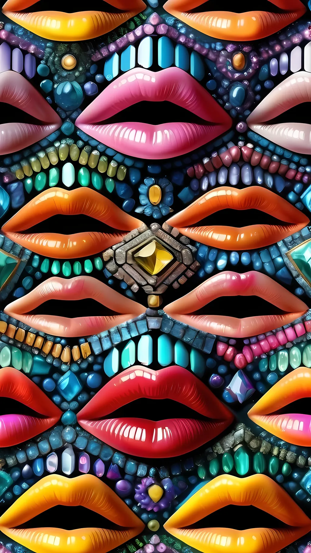 Prompt: Create an extremely hyper-realistic, ultra super textural, weird, trippy, surreal, psychedelic pattern/design based on crystal tiling, with lots of human eyes (crazy colorful compound psychedelic), rows of human teeth, human lips, and tongues. Include mineral crystal accents.

- **Colors**: determined by the properties and expressions of the elements, minerals, and metals: phosphorus, peridot, citrine, tourmaline, pyrite, silver.

**Shapes and forms**
-crystalline (acicular)

- **Textures**: Derived from any/all organic elements, minerals, metals, crystals, organic things mentioned in this prompt.

**Composition and Layout**:
- Spherical layout/composition
- crystal tiling
- hyperbolic forms and structures
-zoomed out creating a surreal pattern/design using arabesque tiling

**Lighting**:
- Lots of bright light

**Detail and Atmosphere**:
- Extreme hyperrealistic sharp high detail high definition organic and mineral textures
- Psychedelic, weird, odd, surreal atmosphere
- Frozen in time

**Additional Elements**:
- Diatoms, extra rows of teeth, lips, many eyes,fungus

Capture this scene using Canon EF 70-200mm t/2.8L IS III USM film