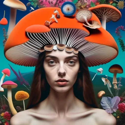 Prompt: <mymodel>Mixed media collage of a beautiful woman, mushroom headpiece, surreal atmosphere, vibrant colors, high quality, mixed media collage, surreal, vibrant colors, detailed facial features, ethereal lighting