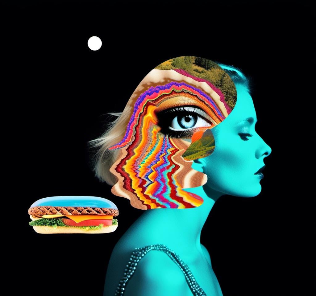 Prompt: A psychedelic collage featuring a photograph of a woman with blond curly long hair. The photo is cut and spliced with other photos - of cats, eyes, body parts, roads, landscapes, trippy optical illusion patterns, pickles, hamburgers, realistic  desert, alien  landscapes, geometric shapes etc in such a way that she has a psychedelic open third eye, in a psychedelic cut and paste collage <mymodel>