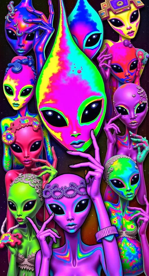 Prompt: **Trashy Cosmic Crew - AI Art Prompt**

Dive into a wild and lively scene featuring our iconic green-skinned alien babe, with her distinctive conical-shaped head and large, solid black almond-shaped eyes, alongside her rowdy extraterrestrial friends. They're striking edgy and playful poses, gesturing at the camera with cheeky irreverence amidst a chaotic backdrop filled with vibrant cosmic and psychedelic imagery.

Set the scene on an alien planet, where the landscapes are as gritty and raw as they are breathtaking. Include elements like rugged asteroids, mysterious moons, blazing suns, distant stars, and swirling nebulae, creating a rich tapestry of celestial wonders.

Add a touch of the surreal with cosmic rays and hints of the astral plane, weaving through the scene like electric currents. Black holes add a mysterious edge, while colorful psilocybin mushrooms and cannabis leaves appear throughout, adding a rebellious and psychedelic twist.

Incorporate lively details like hookahs and herbal rolls, as the alien crew enjoys their cosmic pastimes. The characters are decked out in bold, edgy outfits that scream attitude, with ripped fabrics, metallic accessories, and neon accents.

Let the scene be filled with a sense of carefree fun and camaraderie, as these intergalactic adventurers embrace the chaos of the moment. Capture their mischievous and playful expressions, making sure each character exudes their own unique brand of cosmic cool.

Balance hyperrealistic textures with a raw, artistic style, capturing the edgy and adventurous spirit of this cosmic gathering. Let the fine details and vibrant colors transport viewers into a realm where rebellion and the extraterrestrial collide, in a celebration of cosmic chaos and exploration. 🌌👽🔥

Let this prompt inspire a piece that's as dynamic and visually captivating as it is uniquely yours!