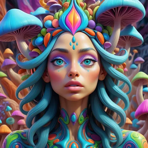 Prompt: Ultra high definition super hyperrealism of Psychedelic goddess with mushroom-inspired features, vibrant fractals, hallucinatory atmosphere, divine feminine energy, psilocybe cubensis, liberty caps, trippy visuals, mystical aura, highres, colorful, psychedelic, detailed features, surreal, vibrant colors, hallucinatory lighting