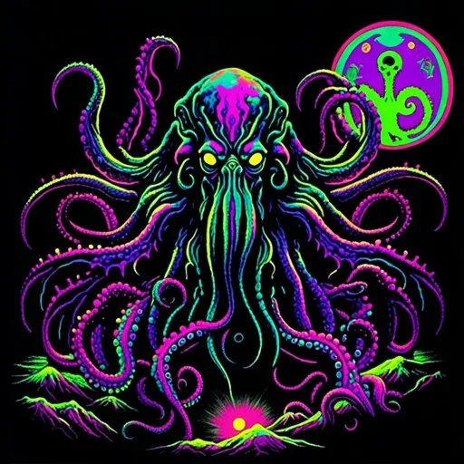 Prompt: <mymodel>Vintage 70s black light poster of Cthulhu in photorealism, Cthulhu at R'lyeh, tribal primal style, realistic tentacles, Lovecraftian horror, eerie atmosphere, intricate details, photorealistic cosmic background, high quality, detailed texture, black light art, vintage, 70s, Cthulhu, R'lyeh, tribal, primal, photorealism, Lovecraftian, eerie atmosphere, detailed, cosmic, realistic, eldritch, noneuclidean geometry, idol