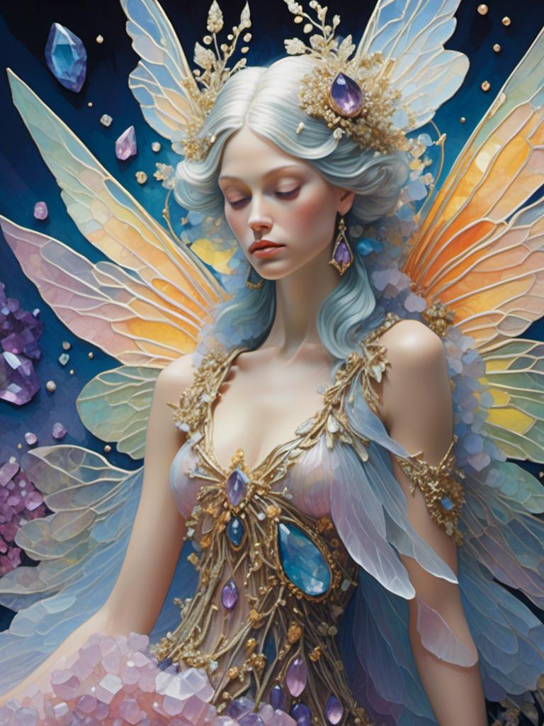 Prompt: <mymodel>Fairies crafted from gemstones, sparkling and ethereal, magical aura, high quality, detailed, fantasy, jewel-like textures, radiant glow, surreal, enchanting, pastel tones, soft and luminous lighting, ultra-detailed, mystical beings, shimmering wings, intricate design, whimsical, dreamlike