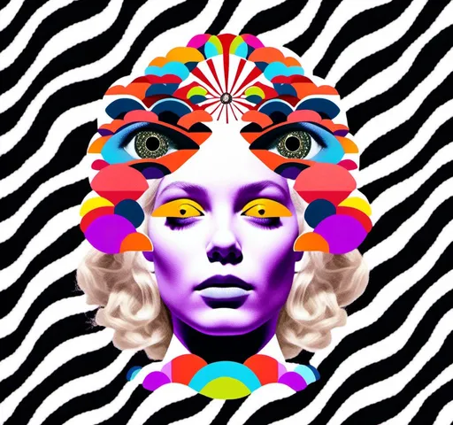 Prompt: a psychedelic collage reminiscent of 70s psychedelic sci fi collage artwork celebrating a girl on mushrooms. It is to feature a photograph of a woman with blond curly hair that is edited by splicing it with other images from photographs, magazines, newspapers, illustrations/paintings to create the impression she is high on magic mushrooms. The work will include such elements as a psychedelic 3rd eye open, stars and planets, trippy optical illusions and patterns, psilocybin cubensis mushrooms, fractals, UFOs, aliens, geometric shapes, auras, rainbow spectrums, sacred geometry, trippy drippy stuff, psychedelic hallucinations, open eyes, landscapes of astral worlds<mymodel>