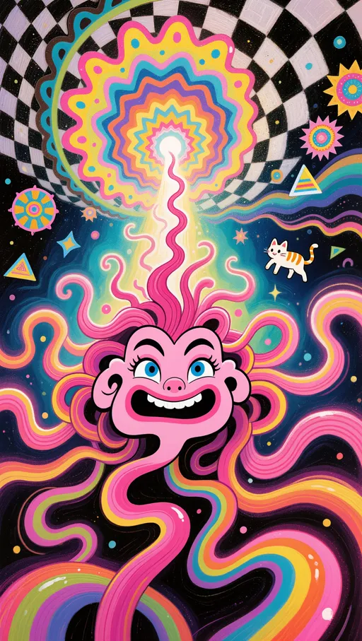 Prompt: Merry, a Caucasian woman with piercing blue eyes and long wild curly pink hair, reimagined as a super-stylized psychedelic cartoon character straight out of late-1970s / early-1980s experimental LSD animation. Her body and face are simplified into bold fluid shapes with continuously wobbling outlines and rubber-hose anatomy. Facial features morph into one another—eyes slide into mouths, mouths stretch into smiles that dissolve into spirals, then reform back into a face—all captured mid-transition in a single still. Hair becomes looping glowing ribbons of color that coil into fractal curls and living neon filaments.

Her surface texture is ultra-smooth cel animation paint with analog airbrush gradients and visible film grain overlay. Edges shimmer with chromatic aberration and color-cycling halos like cheap optical printing effects. Background becomes a kaleidoscopic vortex of swirling checker tunnels, rotating mandala wheels, floating pyramids, animated cosmic cats, and looping psychedelic shapes stylized like hand-painted animation cels.

Color palette: hyper-saturated neon pinks, acid yellows, electric blues, deep purples, teal gradients, glowing whites.

Style fusion: 70s-80s psychedelic cartoon animation, Ralph Bakshi surreal sequences, European experimental animation aesthetics, retro sci-fi TV bumpers, liquid light show visuals translated to cel animation. Slight line jitter, analog glow bloom, dust specks, and light scratches simulate old film capture.

Mood: feverishly joyful, unhinged whimsy, ecstatic chaos with cartoon energy—playful, strange, and alive.