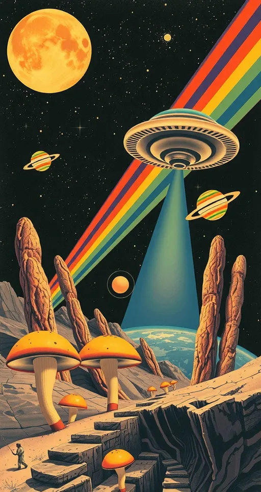 Prompt: <mymodel> Vintage 70s psychedelic surreal sci-fi Collage, analog, cut & paste, outer space, rainbows, spectrum, optical illusions/trippy patterns, surreal alien landscapes, UFOs, « little green men », psilocybin mushrooms, geometric shapes , planets, orbs, black night sky with stars, in the center