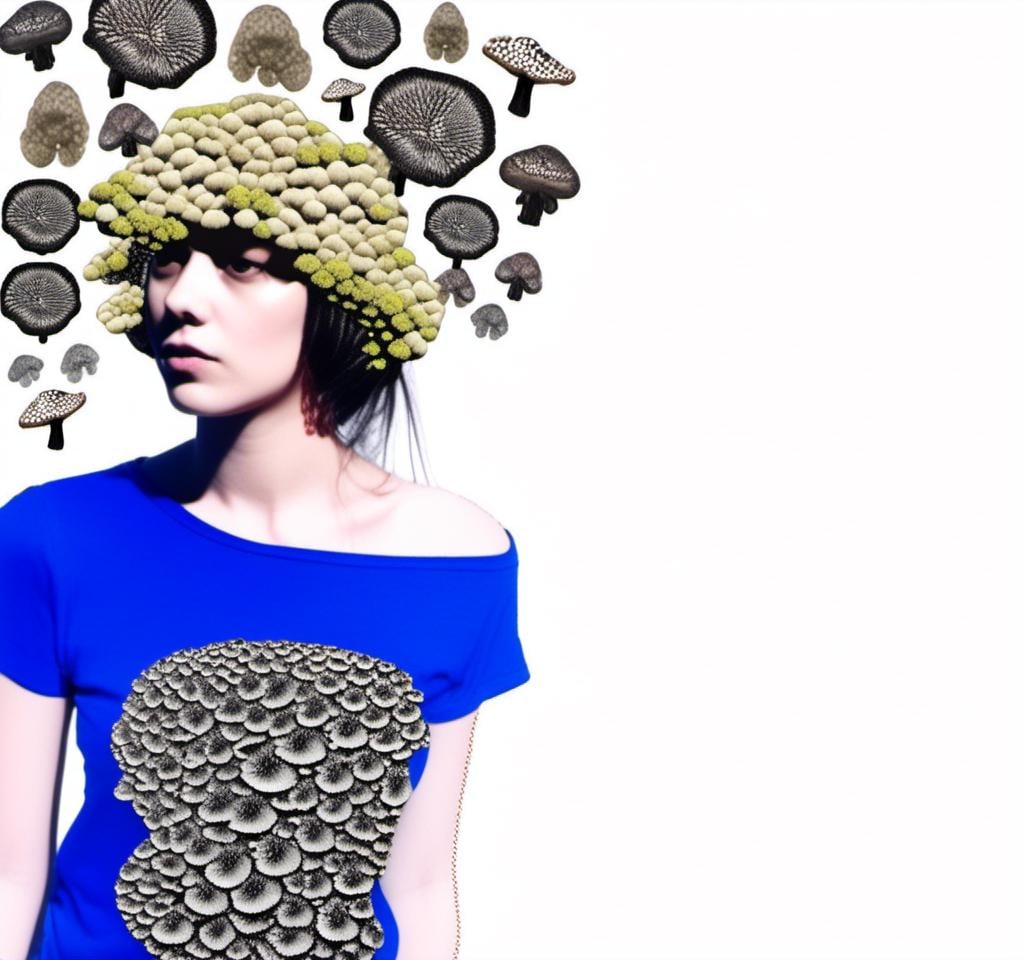 Prompt: a mixed media collage of a girl wearing or growing mushrooms/fungus as clothing body parts and accessories. She is a black and white or halftone photograph, the mushrooms and fungal growths are to be mixed media, including but not limited to paint, enamel, foils, glitter, sparkle, sequins, found objects, natural items, rhinestones etc <mymodel>