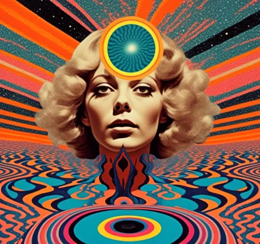 Prompt: <mymodel>Psychedelic trippy collage with a surreal vintage 70s sci-fi feel, vibrant colors, retro futuristic elements, surreal landscapes, detailed psychedelic patterns, high quality, vintage sci-fi, mixed with photograph of a woman with blond curly hair, geometric shape and optical illusions, vibrant colors, surreal, detailed patterns, trippy, collage, 70s, retro futuristic, eyes, surreal landscapes, detailed, atmospheric lighting
