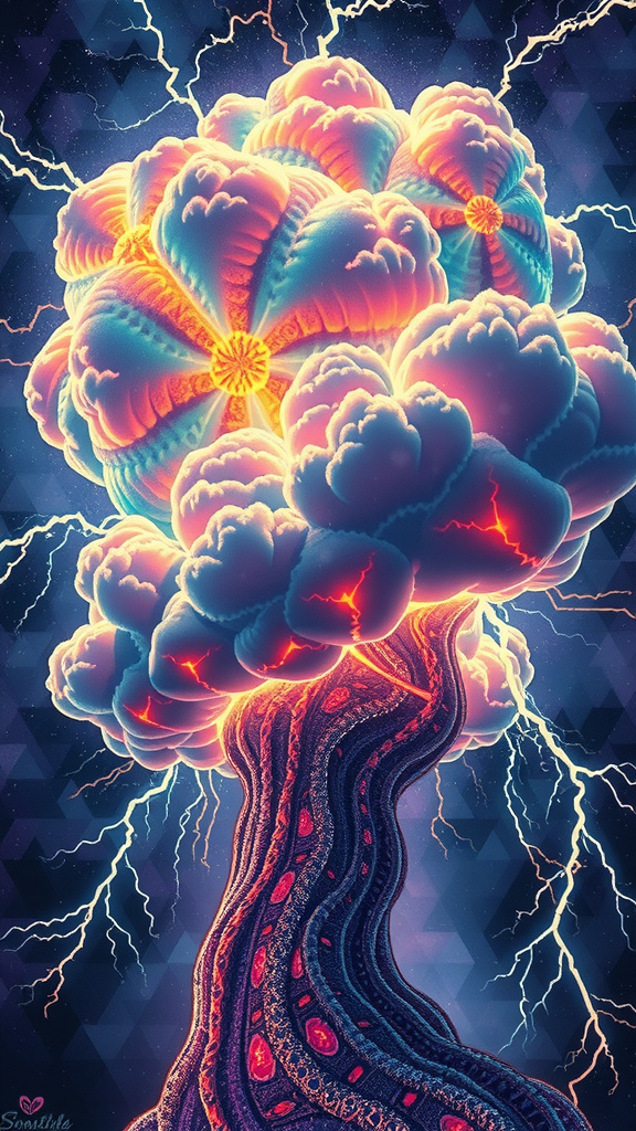 Prompt: a psychedelic “thunderstorm” of multicolored multidimensional fractal geometry, fractal thunderclouds, fractal rain, fractal wind beating, attacking a person who is on psychedelics