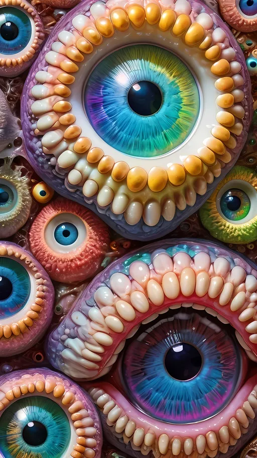 Prompt: an extremely hyper realistic ultra super textural weird trippy surreal psychedelic entity, cissoids , white, translucent, clear, bright bright pastel colors, oil slick rainbow sheen effect, lots and lots of light, lots of crazy colorful compound psychedelic human eyes, rows of human teeth, fungus, atoms, diatoms, cissoids