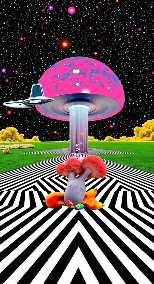 Prompt: A trippy psychedelic three-dimensional space with a trippy black and white optical illusion op art tiled patterned floor.  Psilocybin mushrooms (liberty cap, psilocybe cubensis) grow in tge background while a silver/holographic UFO spins in the background in the astral space. The word “merrypranxter” glitches in and out of the background. The whole screeen glitches with digital noise, chromatic aberrations and glitches