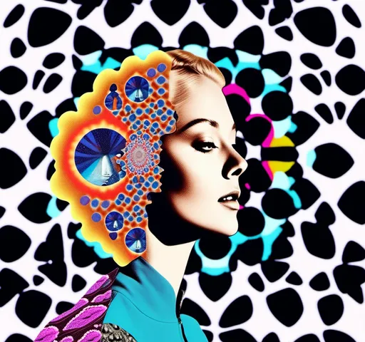 Prompt: a psychedelic collage reminiscent of 70s psychedelic sci fi collage artwork celebrating a girl on mushrooms. It is to feature a photograph of a woman with blond curly hair that is edited by splicing it with other images from photographs, magazines, newspapers, illustrations/paintings to create the impression she is high on magic mushrooms. The work will include such elements as a psychedelic 3rd eye open, stars and planets, trippy optical illusions and patterns, psilocybin cubensis mushrooms, fractals, UFOs, aliens, geometric shapes, auras, rainbow spectrums, sacred geometry, trippy drippy stuff, psychedelic hallucinations, open eyes, landscapes of astral worlds<mymodel>