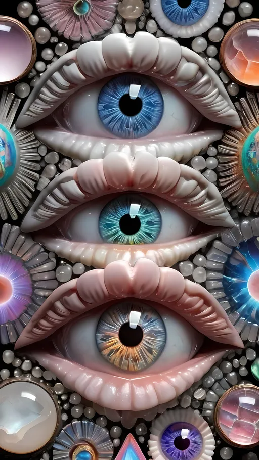 Prompt: Create an extremely hyper-realistic, ultra super textural, weird, trippy, surreal, psychedelic eyes/teeth/mouth pattern/design based on Mandelbrot & “Op Art tiling” with lots of human eyes (crazy colorful compound psychedelic), rows of human teeth, human lips, and tongues. 

- **Colors**: determined by the properties and expressions of the elements (& their isotopes), minerals, and metals: opal, moonstone, Kunzite, selenite, rose quartz, Platinum (Pt)

**Shapes and forms**
- Mandelbrot 
- "Op Art tiling" 
-other shapes determined by the natural properties and expressions of the elements (& their isotopes), minerals, metals, and biological organisms: opal, moonstone, Kunzite, selenite, rose quartz,  Platinum (Pt)


- **Textures**: Derived from any/all elements (& their isotopes), minerals, metals, crystals, organic things mentioned in this prompt: opal, moonstone, Kunzite, selenite, rose quartz, Platinum (Pt)

**Composition and Layout**:
- a pattern/design based on the Op Art tiling & Mandelbrot 

**Lighting**:
- lots of bright light
- Iridescence
- Aventurescence
- Chatoyancy
- Asterism

**Detail and Atmosphere**:
- Extreme hyperrealistic sharp high detail high definition organic and mineral textures
- Psychedelic, weird, odd, surreal atmosphere
- Frozen in time

**Additional Elements**:
- extra rows of teeth, lips, many eyes, Op Art tiling, Mandelbrot, Iridescence
