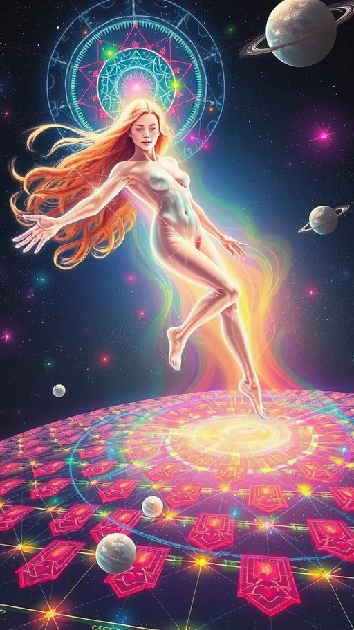 Prompt: An astral scene- a colorful rainbow shining glowing sparkling female clear translucent humanoid faceless “light body” with long extremely curly blond hair flowing as she flies through space (light body, atman, soul body, subtle body, astral body, koshas, consciousness layers, ethereal form, transcendence, eternal self, infinite essence, spiritual awakening, pranayama, meditation, astral travel, out-of-body experience, higher awareness, unity, Brahman, ultimate reality, esoteric teachings, theosophy, mystical, divine essence, vibrational frequency, enlightenment), flying through outer space, over  “astral planes” that are like an infinite grids of colorful light arranged in a repeating sacred geometric pattern stretching out forever In all directions under the light body flying over it, colorful planets and stars shimmer in the distance. Her physical body sleeps in a bed below