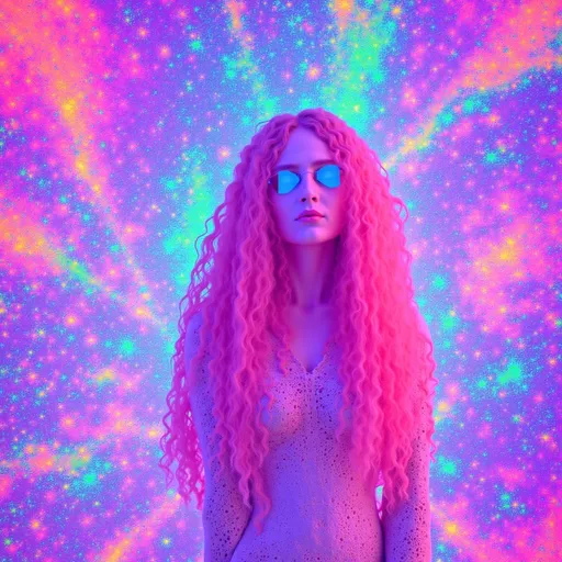Prompt: In a vibrant cosmic scene, Merry—a caucasian slim woman with long wild pink very curly hair and blue eyes—stands amidst a dazzling array of triangles and mathematical wonders. Her hair flows like a nebula, merging with a spectrum of geometric forms in amethyst and citrine hues.

Sierpinski's triangle takes center stage, its intricate fractal pattern of indigo and orange triangles creating a mesmerizing tapestry around Merry. Above, Penrose tiling unfolds in turquoise and magenta, its non-repeating design symbolizing infinite mathematical possibilities. A Möbius strip spirals around Merry, its surface a seamless loop of iridescent light.

The color palette is a vivid explosion of neon greens, radiant yellows, and rich magentas, evoking a psychedelic dreamscape. The mood is one of infinite curiosity, as Merry embodies the harmony between chaos and order in this mathematical universe.

Rendered with meticulous detail, the scene blends crisp outlines with seamless colors, inviting viewers to explore this surreal wonderland.

Style: Psychedelic geometric art with surreal elements, inspired by fractal geometry and Penrose tiling. Medium: Digital collage.

Character count: 1,052