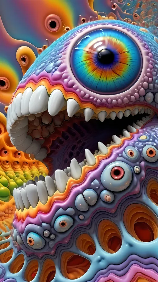 Prompt: an extremely hyper realistic ultra super textural weird trippy surreal psychedelic entity, catenary curves , gyroid structures, mandelbrot, white, translucent, clear, bright bright pastel colors, oil slick rainbow sheen effect, lots and lots of light, lots of crazy colorful compound psychedelic human eyes, rows of human teeth, fungus, atoms, diatoms, catenary curves, gyroid structures, mandelbrot