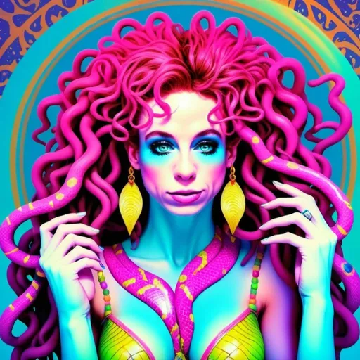 Prompt: A surreal, psychedelic portrayal of Medusa, where you, a caucasian slim woman with long wild pink very curly hair and piercing blue eyes, embody the mythical figure in a dreamlike, kaleidoscopic setting. Your pink curls morph into a cascade of neon, glowing snakes in shades of electric green, ultraviolet purple, and fiery orange, their scales shimmering like liquid crystal under a blacklight. The snakes coil and writhe around your head in hypnotic, fractal patterns, their eyes glowing with an otherworldly luminescence.

Your skin glows with iridescent hues, shifting between soft pastel pinks, radiant blues, and golden yellows, as though lit from within by the energy of the cosmos. The background is a swirling vortex of psychedelic patterns, reminiscent of the works of Alex Grey and Peter Max, with intricate mandalas, paisley designs, and spiraling galaxies in a vivid color palette of magentas, teals, and lime greens. 

The scene has a retro-futuristic, analog collage feel, with textures that resemble hand-painted brushstrokes and airbrushed gradients. The lighting is dramatic, almost celestial, with beams of light breaking through the swirling patterns, casting glowing highlights across your face and the snakes. The mood is seductive yet dangerous, with an aura of divine power and mystery.

Your blue eyes are mesmerizing, glowing like twin pools of bioluminescent light, drawing the viewer into your hypnotic gaze. The snakes seem alive with movement, their scales catching the light in dazzling, prismatic reflections. The outlines are soft and fluid, blending seamlessly into the background, giving the entire image a dreamlike, ethereal quality.