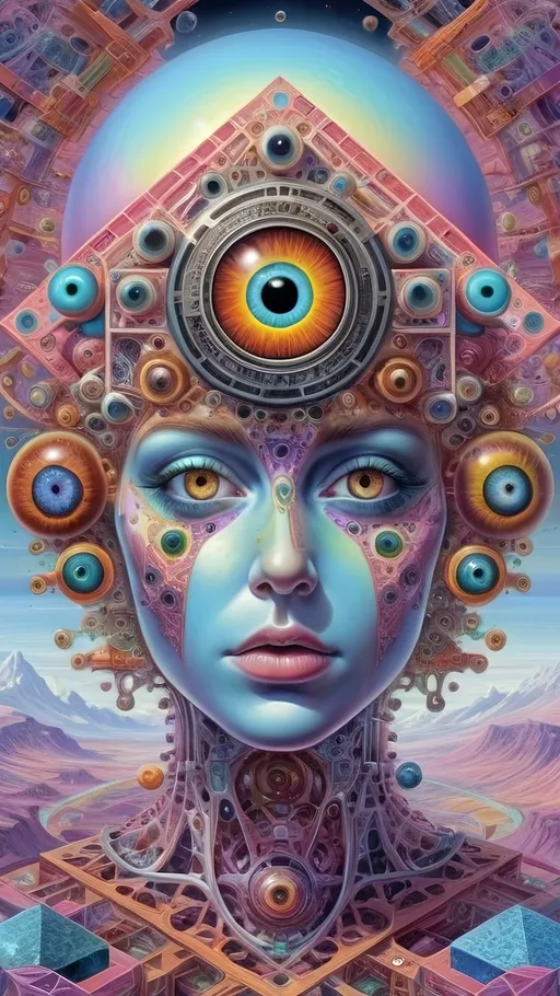 Prompt: A hyperrealistic surreal psychedelic ineffable numinous non-humanoid multidimensional geometric conscious entity, mechanical, biological, extra dimensional, geometric, hypercubes, tesseracts, noneuclidien, lots of crazy psychedelic eyes, extremely highly detailed, looking, observing, gnosis, math, mathematical, fractal, sacred geometry, pastel bright colors, ultra high definition hyperrealism