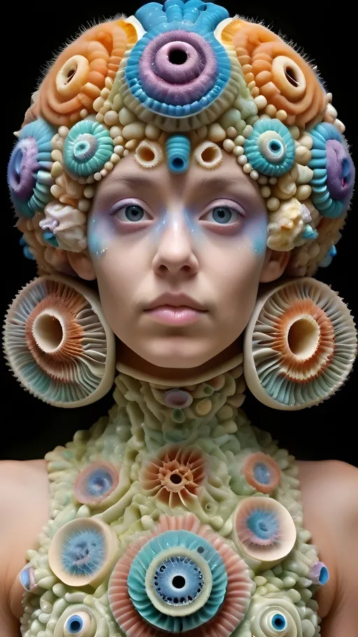 Prompt: Extremely hyperrealistic, ultra textural weird trippy psychedelic Foraminifera creature/entity queen crown jewelry cape, lots of crazy psychedelic compound human eyes, face, head, body, limbs, bright psychedelic pastel colors, lots of light, foraminifera: chambers, septa, apertures, pores, foramina, proloculus, spiral, planispiral, trochospiral, uniserial, biserial, triserial, quinqueloculine, milioline, fusiform, globular, elongate, conical, spherical, discoidal, lenticular, flattened, lobate, reticulate, ornamentation, costae, keels, spines, ridges, striae, umbilicus, sutures, calcareous, agglutinated, porcelaneous, hyaline, microgranular, perforate, imperforate, pseudopodia, reticulopodia, planktonic, benthic, test morphology, chamber arrangement, test wall structure, apertural features, shell composition, bioindicators, microfossils.