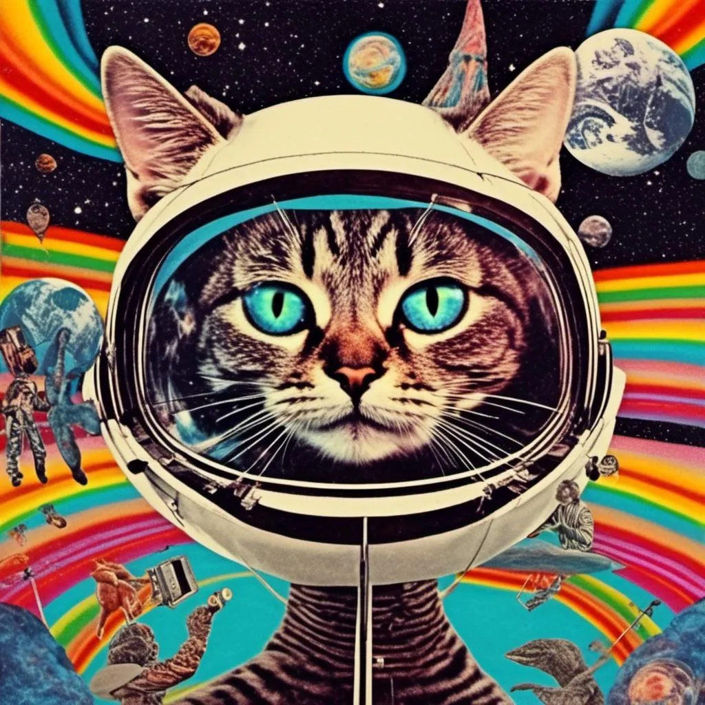 Prompt: a psychedelic collage with a vintage 70s sci-fi animation feel to it except the subject matter will be CATS IN SPACE! The collage will have elements of photography, illustration, trippy patterns and optical illusions, alien landscapes, strange trippy planets, UFOs,, meteors, all cut and spliced together in a psychedelic collage style <mymodel>