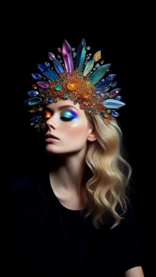 Prompt: <mymodel>Blonde woman with long curly hair, giant gem set eyes, psychedelic hallucination, rainbow fractals, geometry, inlaid precious gemstones, crystals, high quality, surreal, gemstone mosaic, detailed hair, vibrant colors, hallucinatory atmosphere, mesmerizing, otherworldly, natural lighting