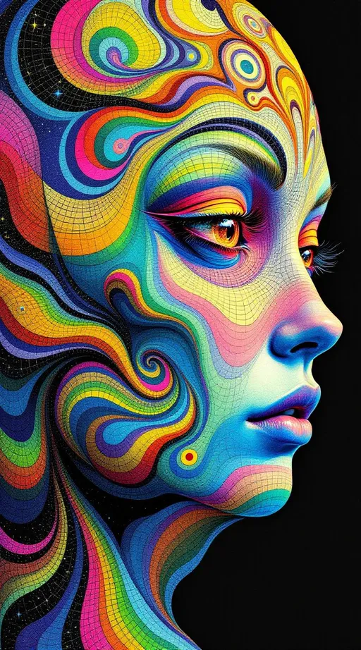 Prompt: A humanoid female face rendered in the surreal, analog illustration style of La Planète Sauvage—soft gouache textures, grainy shadows, and precise ink lines—emerges from a hyper-saturated math dimension. She has no skin, no flesh—her structure is a shimmering construct of endlessly folding Hilbert curves, Sierpinski lattices, Penrose tilings, and Klein bottle contours. Her form pulses with rainbow light, not from any source, but from within—a chromatic recursion inked and washed like alien anatomy. Every cheekbone is a Möbius strip, every jawline a cascade of fractal interference. Her brow arches with nested sinewave grids, drifting like static fields across an alien mind.

Her eyes: blackhole pupils, rimmed with diffraction halos and toroidal glyph spirals—hypnotic and unreadable, like portals to some recursive interior. Her lips glint with spectral caustics—painted with fine ink lines and rendered in iridescent watercolor washes, bursting with spirographic dispersion. Across her face, zebra-flame and leopard-spot sigils bloom in morphogenic symmetry, inked with surreal op-art precision, self-organizing across warped topologies. Her whole face is a godform rendered in maximalist chroma.

Her hair—no hair at all, but tangles of glowing Lissajous filaments, each strand a Chladni vibration drawn in curling contour lines, erupting into rainbow shimmer and anisotropic loops. She resonates, not speaks. Her voice is a visible event—standing wave geometries suspended midair, cymatic mandalas, circular node rings, echo blossoms, each frozen mid-utterance in layered, glowing ink.

She floats in volumetric godrays slicing through fractal haze—backgrounds painted in muted, earthy blues and reds like alien biology textbooks. Around her, the atmosphere crackles with spectral recursion and entangled logic. The entire image feels like it was painted in a dream, then xeroxed through a memory of math.