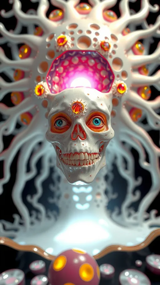 Prompt: an extremely hyper realistic ultra super textural weird trippy surreal psychedelic entity, vicsek fractals, white, translucent, clear, bright bright pastel colors, oil slick rainbow sheen effect, lots and lots of light, lots of crazy colorful compound psychedelic human eyes, rows of human teeth, fungus, atoms, diatoms, vicsek fractal