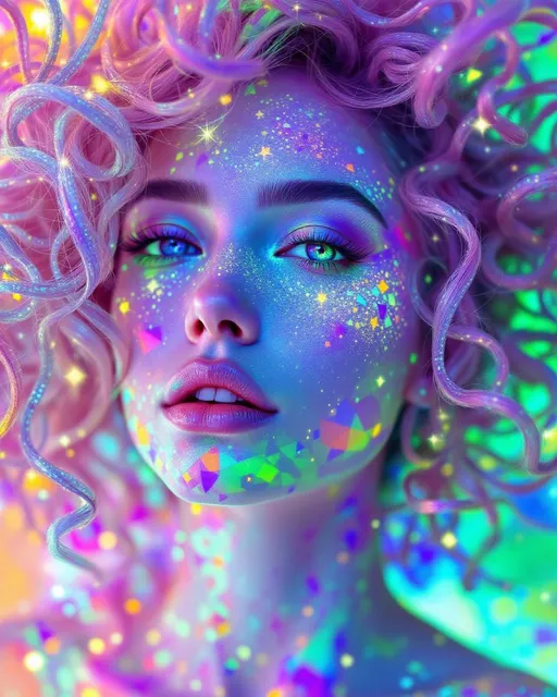 Prompt: She radiates joyful recursion—her face aglow with Newton fractal basin webs, each iridescent patch a rainbow logic map flickering with emotion. Cheekbones prism into crystal lattices—thought-nodes sparkle like math gems, pulsing with cognitive harmony. Every blink sends spectral ripples across skin; laughter folds into light. Her hair—a wild, living storm of long pink curls—burns in fractal flame trails, each strand trailing neon fire that morphs in chaotic colorbursts. The curls twist in self-affine defiance, scaling and warping across invisible axes—no symmetry, just vibrant mathplay. Her whole head is an attractor bloom: color feedback, glitch flickers, and dreamcode shimmer. Holographic math sigils orbit her like joyful satellites, reacting to her giggle-fields. She is a lightfield girl, glitch-goddess of fractal joy and radiant chaos.”
—
 Visual Keywords:
Rainbow Newton fractals, crystal lattice cheekbones, pink fractal flame curls, self-affine chaos hair, math sigils, joyful glitch aura, neon colorburst, recursive laughter light, holographic emotion field
