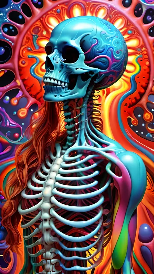 Prompt: Psychedelic hallucination, human being/body melting psychedelicly - skeleton, female, long curly hair, muscular system, muscles, bones, organs, guts melting, oozing, dissolving into fractals. 9of reality melting, ego death, melty, melting, drippy, drips dripping, Ooze, oozing, Alex grey, fractals, visionary, psychedelic, trippy, weird