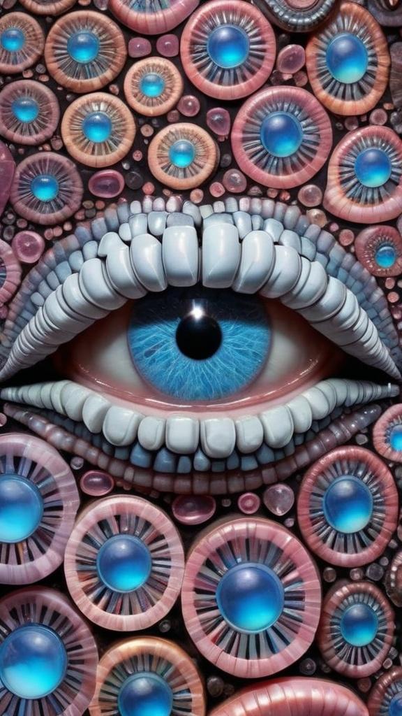 Prompt: Create an extremely hyper-realistic, ultra super textural, weird, trippy, surreal, psychedelic eyes/teeth/mouth pattern/design based on Mandelbrot & “Op Art tiling” with lots of human eyes (crazy colorful compound psychedelic), rows of human teeth, human lips, and tongues. 

- **Colors**: determined by the properties and expressions of the elements (& their isotopes), minerals, and metals: opal, moonstone, Kunzite, selenite, rose quartz, Platinum (Pt)

**Shapes and forms**
- Mandelbrot 
- "Op Art tiling" 
-other shapes determined by the natural properties and expressions of the elements (& their isotopes), minerals, metals, and biological organisms: opal, moonstone, Kunzite, selenite, rose quartz,  Platinum (Pt)


- **Textures**: Derived from any/all elements (& their isotopes), minerals, metals, crystals, organic things mentioned in this prompt: opal, moonstone, Kunzite, selenite, rose quartz, Platinum (Pt)

**Composition and Layout**:
- a pattern/design based on the Op Art tiling & Mandelbrot 

**Lighting**:
- lots of bright light
- Iridescence
- Aventurescence
- Chatoyancy
- Asterism

**Detail and Atmosphere**:
- Extreme hyperrealistic sharp high detail high definition organic and mineral textures
- Psychedelic, weird, odd, surreal atmosphere
- Frozen in time

**Additional Elements**:
- extra rows of teeth, lips, many eyes, Op Art tiling, Mandelbrot, Iridescence
