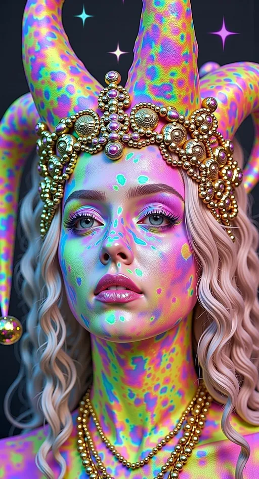 Prompt: Create a super hyperrealistic, finely detailed psychedelic Nouveau illustration of a Cosmic Jester. Feature the word MERRYPRANXTERworked organically into the background somehow.  This enchanting character is a merry prankster of the cosmos, an astral jokester dancing through time and space. She exudes a jester vibe, wearing feminine holographic jester attire & makeup with a feminine, harlequin twist. Not human, but humanoid, she is crafted from vibrant colored light, embodying an extra-dimensional extraterrestrial essence. Her presence is a beacon of joy, as she laughs and twirls through the cosmic astral realms, elevating vibes wherever she roams. 

Her beauty is otherworldly, with long, curly hair that shimmers like a cascade of colored light, appearing blonde yet transcending earthly hues. Her eyes sparkle with mischievous wisdom, and her attire is a dazzling array of intricate patterns and swirling colors, reminiscent of both jester garb and celestial phenomena.

Incorporate the text "the merrypranxter" above her in smaller, elegant lettering, seamlessly blending into the cosmic background. This text should capture the essence of her playful spirit, as if it were a whisper from the universe itself. The illustration should radiate her vibrant energy, portraying her as a timeless wanderer spreading joy and wonder throughout the cosmos.